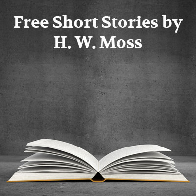 Open book on a slate gray background. Link to Short Stories by H. W. Moss.