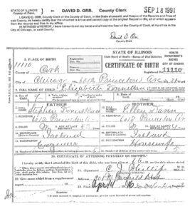 Illinois certificate of birth for Elizabeth Donnellan, born in Chicago, certified by the Cook County Clerk in September 1991. Opens a larger picture.