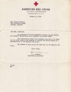 Letter from the American Red Cross dated January 1944 to Mrs. Ellen Donnellan, sending the insurance certificate for her daughter. Opens a larger picture.